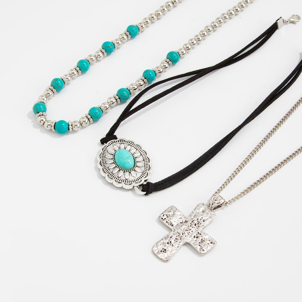 Retro Imitation Turquoise Stacked Western Denim National Cactus Cow Head Pendant Neck Necklace