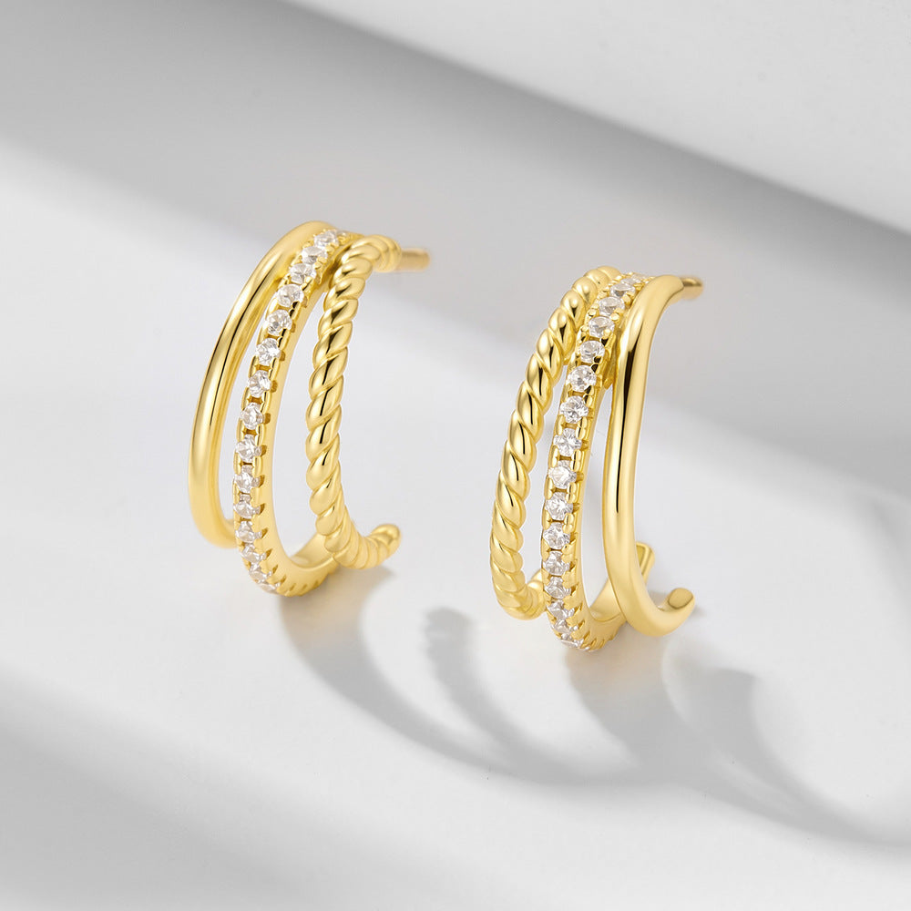 S925 Sterling Silver C-Shaped Hollow Zircon Stud Earrings