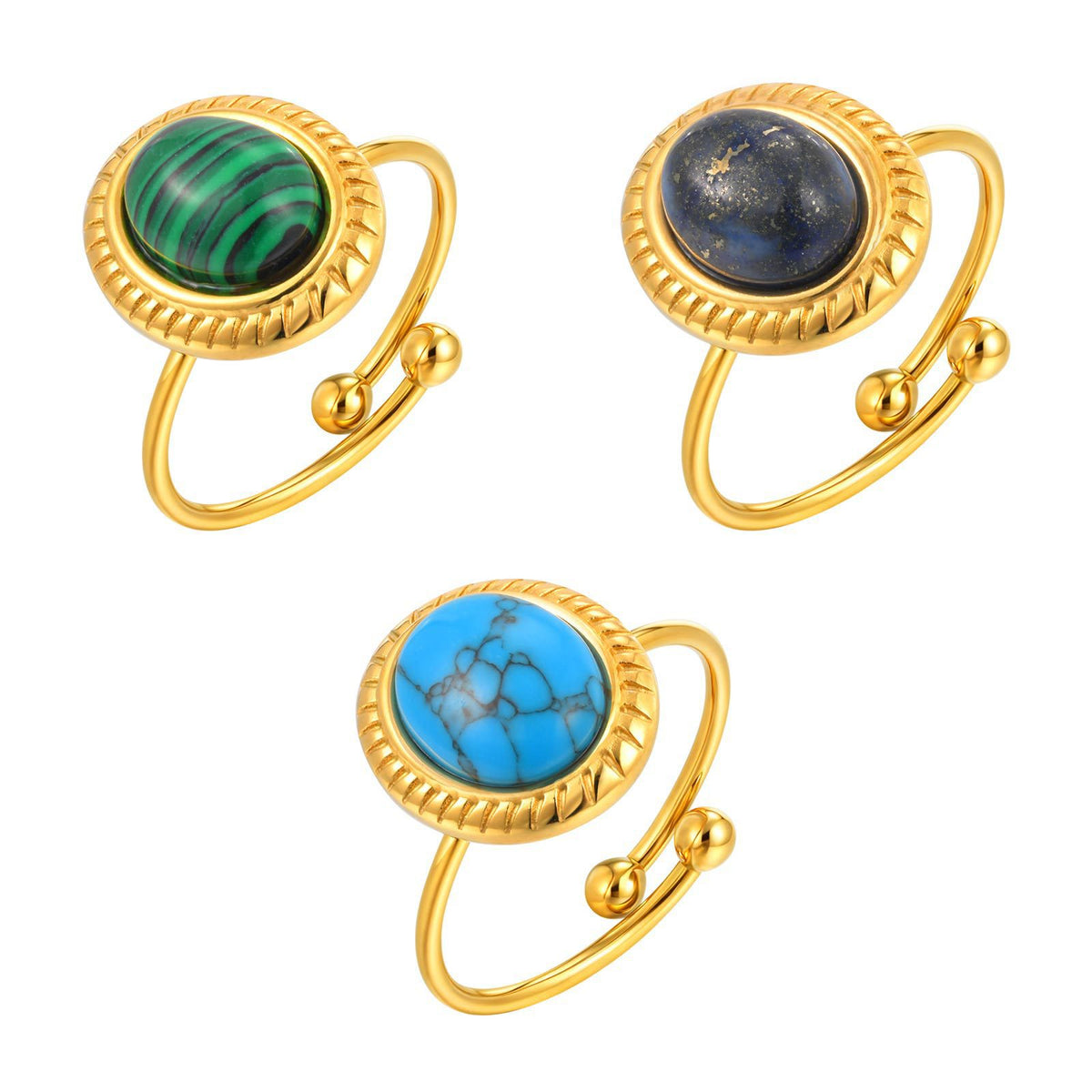 Stainless Steel Oval Natural Stone Design Sense Open Ring Gold