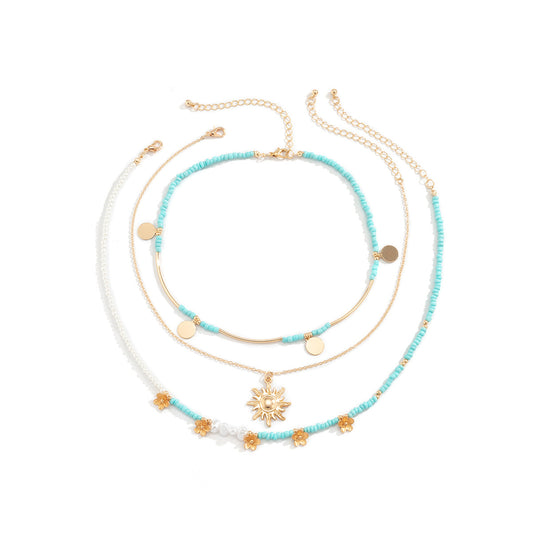 Planderful Vienna Verve Layered Imitation Pearl Necklace With Sequined Bead Flower Pendant For Fashion Forward Women