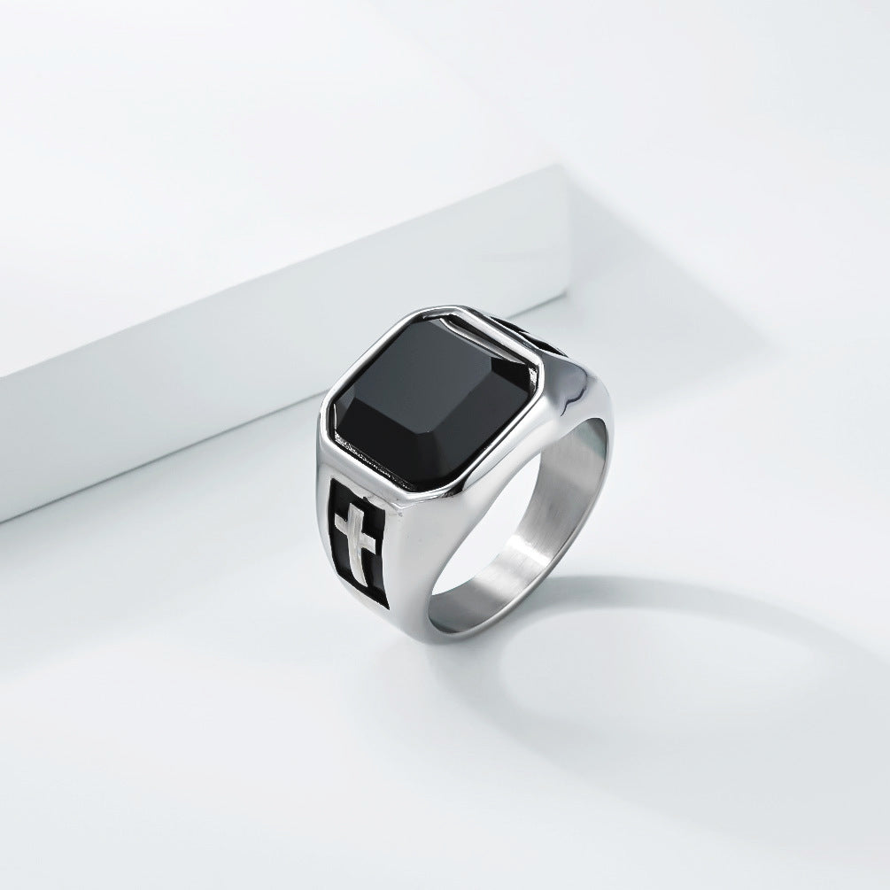 Black Stone Cross Ring Unisex Vintage European Style Planderful Everyday Genie Bold Statement Jewelry