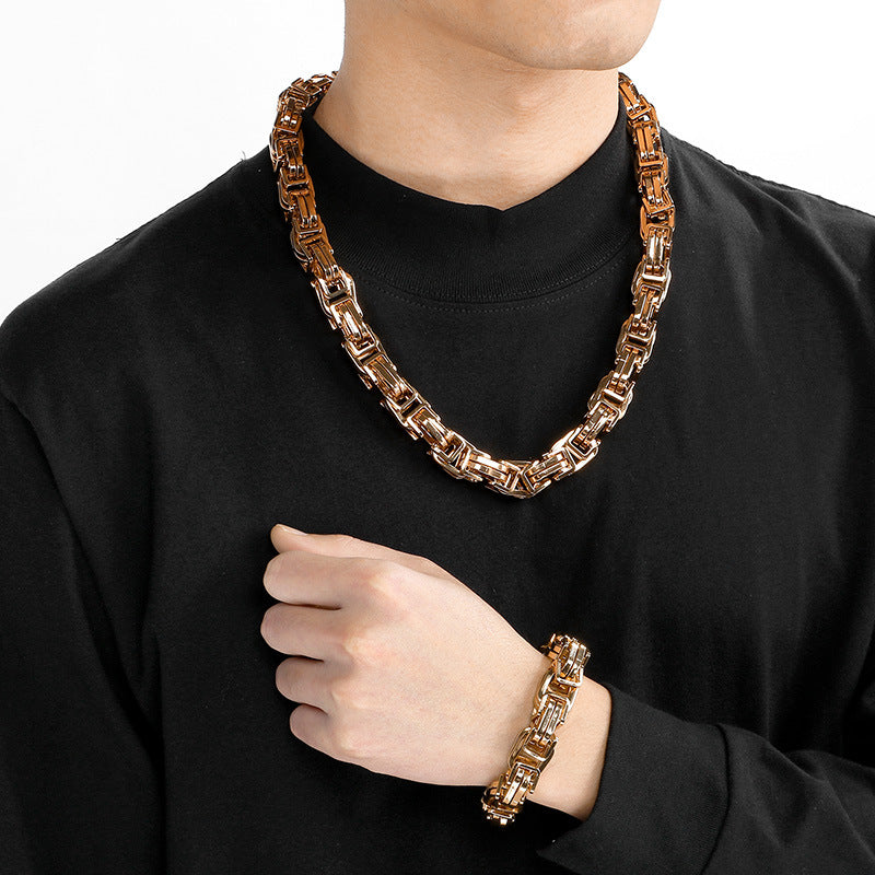 12/15mm Thick Chain Emperor Chain Men's Necklace Bracelet Hip-Hop Double-Piece Knot Chain Stainless