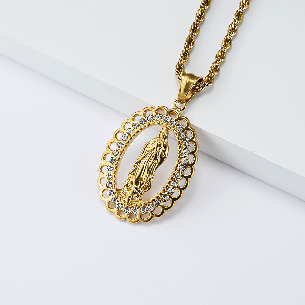 Planderful Virgin Mary Necklace Titanium Steel Gold Plated Zircon Pendant for Streetwear Hip Hop Fans