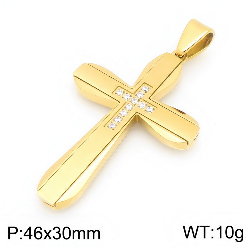 Hip Hop Rock Double Contrast Color Zircon Cross Titanium Steel Pendant Back Stainless Necklace