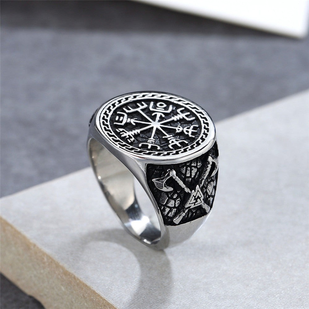 Planderful Nordic Viking Axe Totem Compass Ring Unisex Personalized Protection Retro Titanium Steel Jewelry