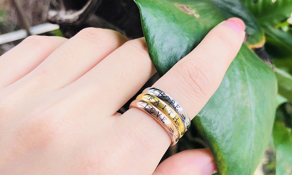 3MM Face Width 3 Colors Stainless Steel HOPE LOVE FAITH Women's Ring