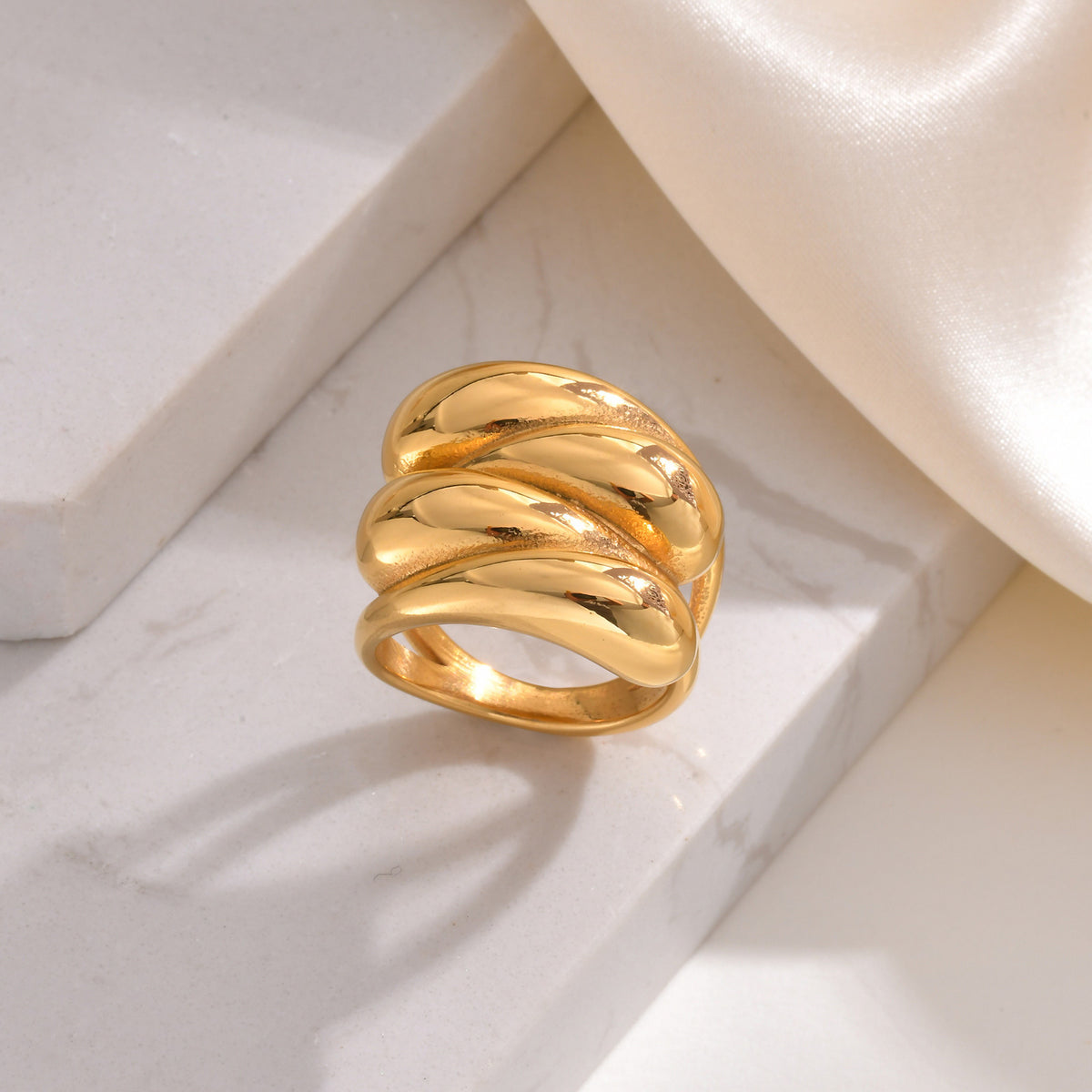 Ring Stainless Steel Smooth Water Drop Multi-Layer Gold