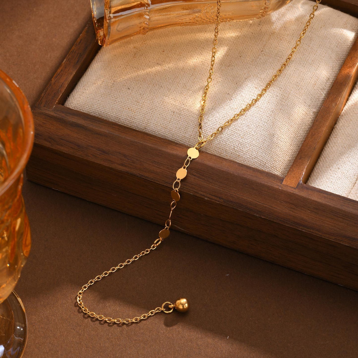 Ladies Necklace Stainless Steel Flat Cross Chain Disc Y Gold