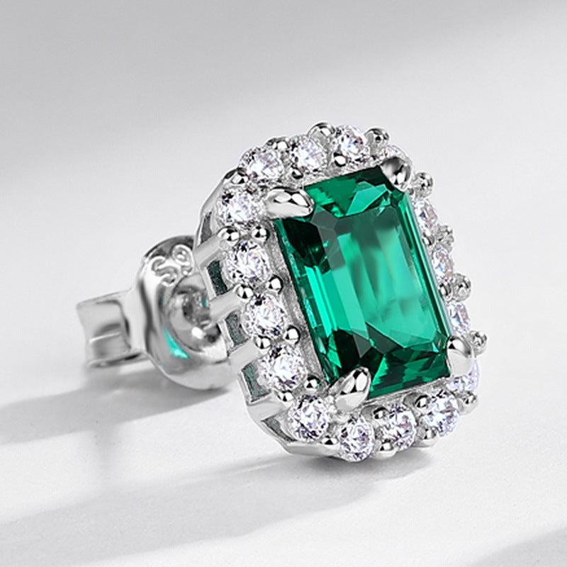 S925 Sterling Silver Lab-Grown Emerald Geometric Stud Earrings