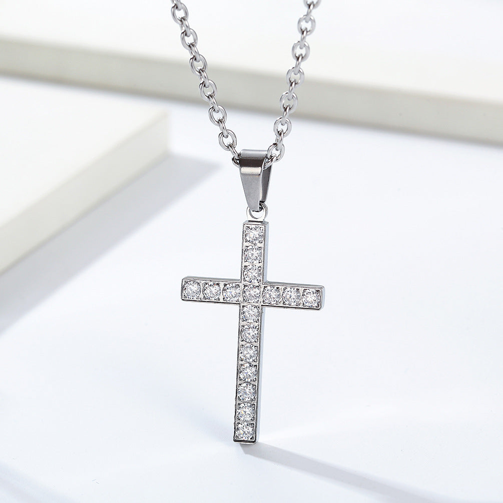 Planderful Titanium Steel Cross Necklace With Zircon Stones Unisex Luxury Jewelry
