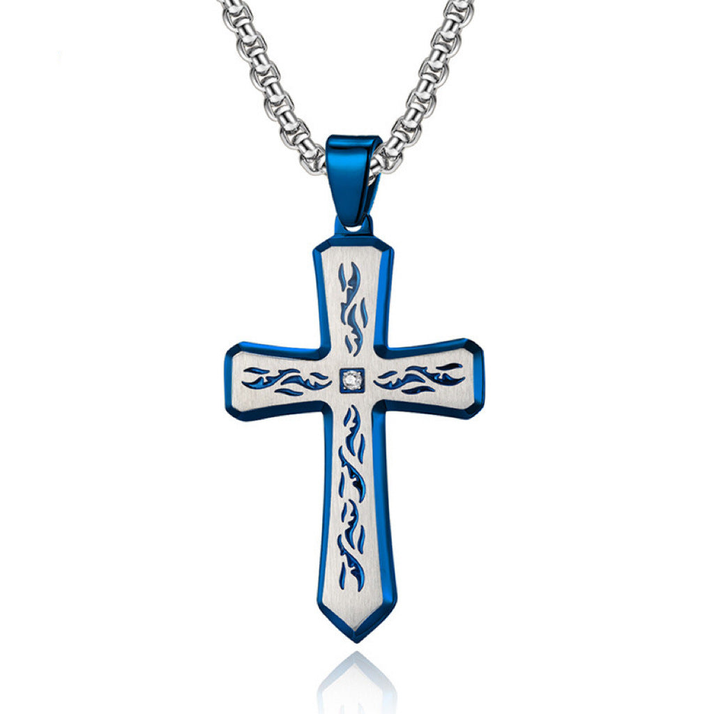 Planderful Flame Cross Pendant Necklace For Men Stainless Steel Versatile Hip Hop Style Everyday Genie