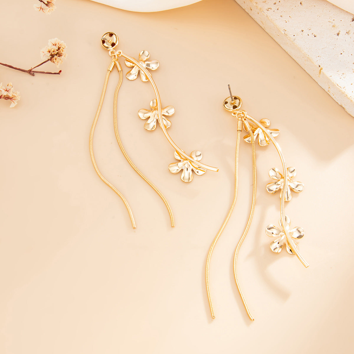 Planderful Vienna Verve Fringed Oil Flower Earrings For Women With Long Snake Bone Chain Statement Jewelry