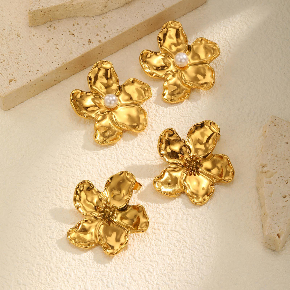 Gold Pearl Flower Statement Stud Earrings