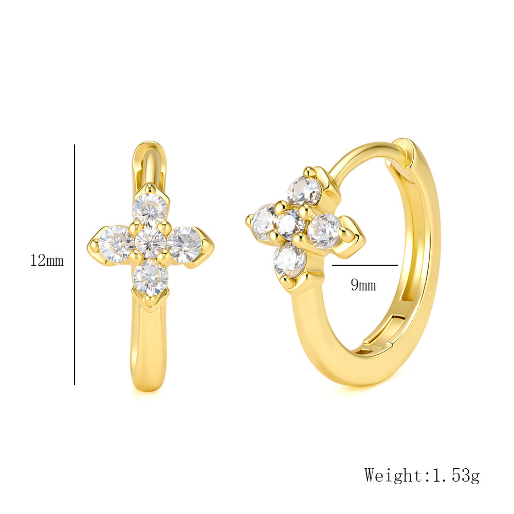 S925 Sterling Silver Plated 14k Gold Clover Ear Buckle Commuter Zircon Flower Earrings
