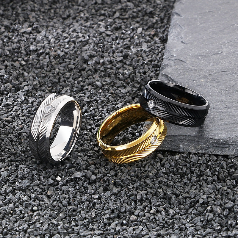 Ring Vacuum Plated Zircon Feather Round Stainless Steel Men's Ring