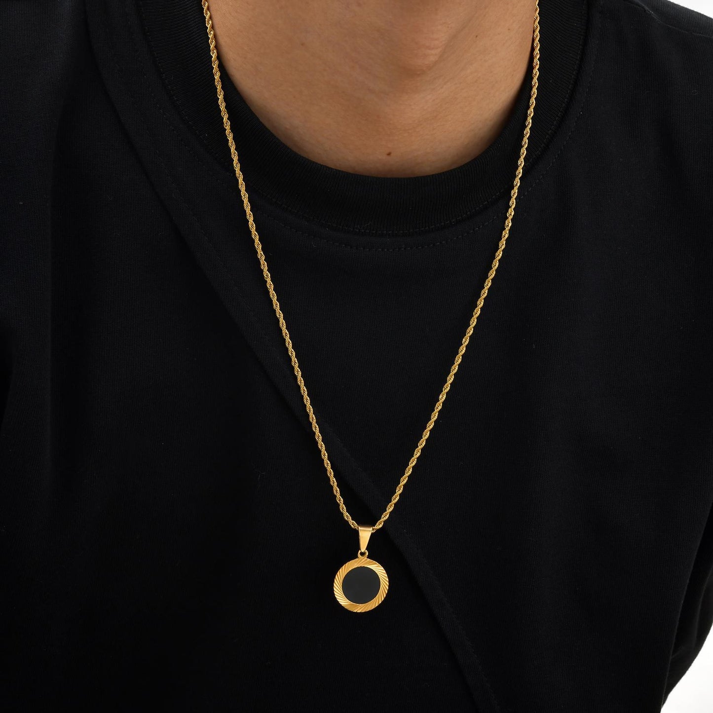 Unisex Stainless Steel Batch Flower Black Acrylic Pendant Necklace