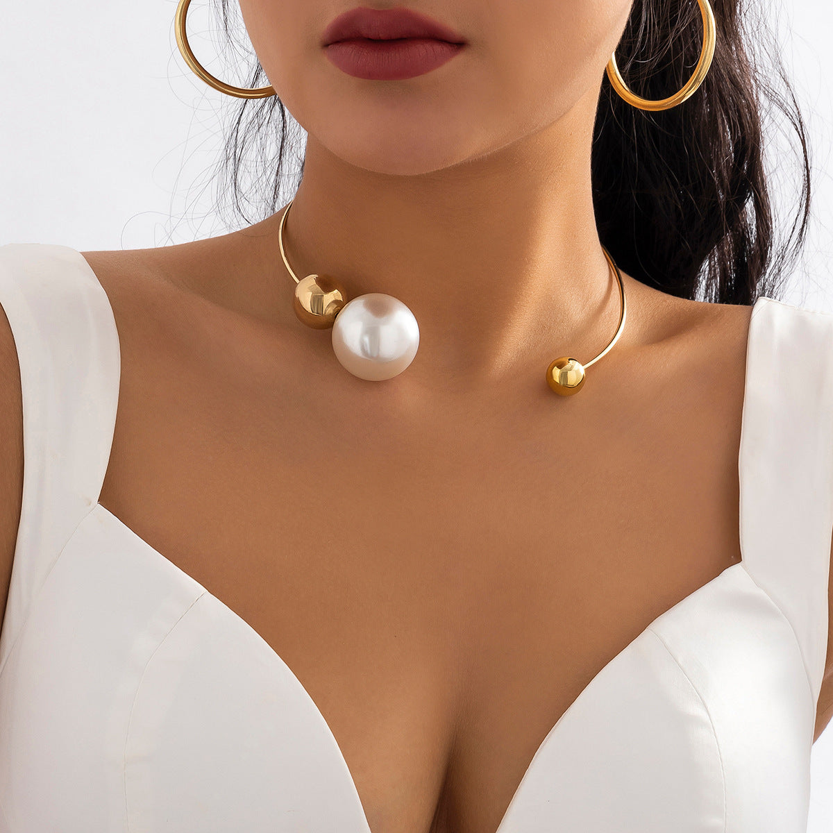 Metal Ring Collar Asymmetric Imitation Pearl Bead Necklace