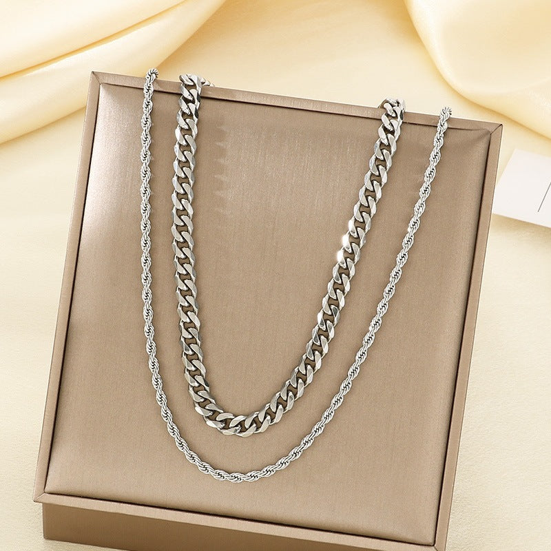 Hipster Stainless Steel Plain Chain Hip Hop Simple Multilayer Stacked Strap Cuban Chain Necklace