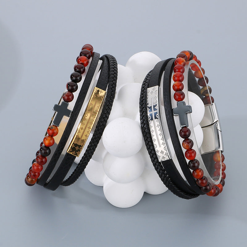 Planderful Men's Titanium Steel Cross Braided Rope Bracelet