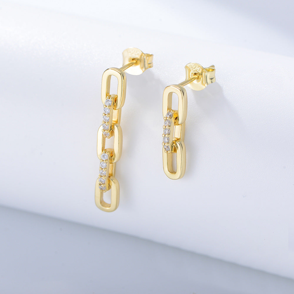 S925 Sterling Silver Personalized Retro Chain Earrings Punk Long And Short Asymmetric Zircon
