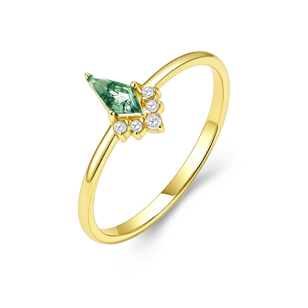 Natural Aquatic Plant Agate Ring S925 Pure Silver Geometric Green Moss Stone Zircon