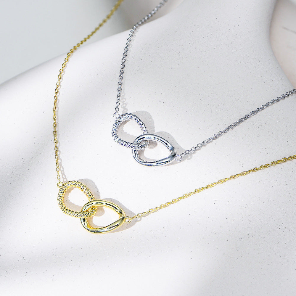 Planderful S925 Sterling Silver Necklace Geometric Twisted Double Ring For Women Light Luxury Clavicle Chain