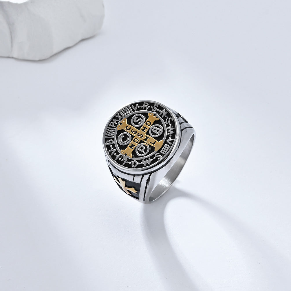 European And American Retro Style St. Benedict Exorcist Cross Ring For Men