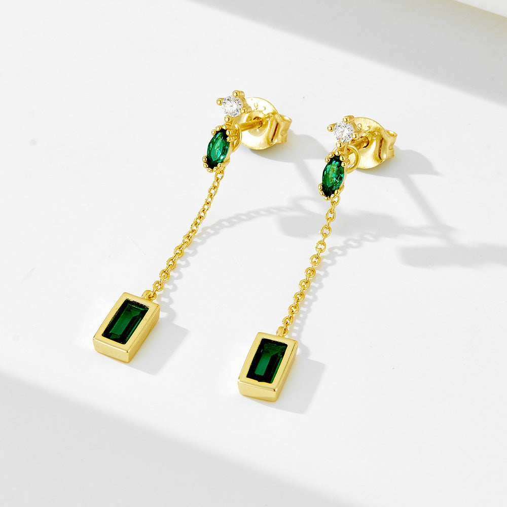 Planderful Emerald Zircon Earrings S925 Sterling Silver Long Chain Fringe For Women Elegant Luxury
