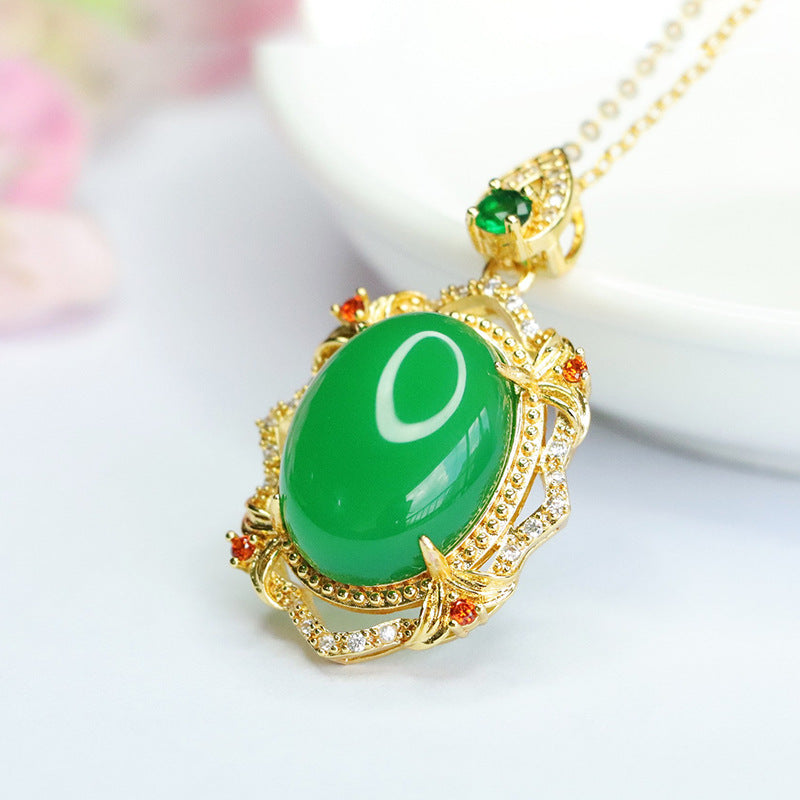 Green Chalcedony Pendant Necklace with Vintage Zircon Accent - Women's