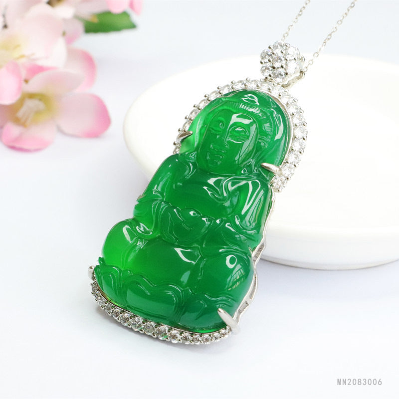 Green Chalcedony Guanyin Pendant — No Chain