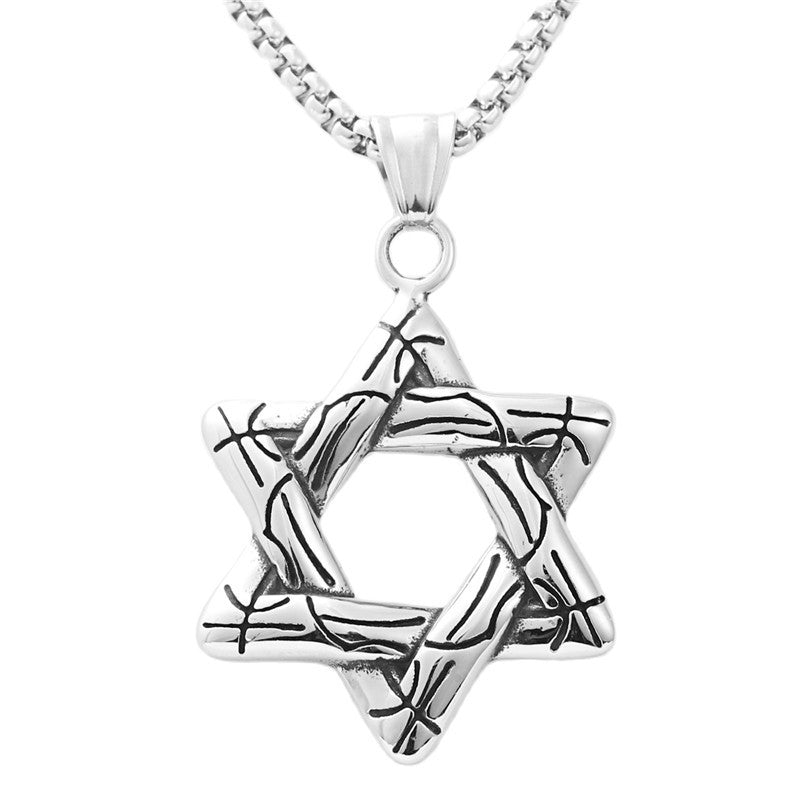 Titanium Steel Hexagram Pendant Necklace for Men, Retro Punk Style Hollow Star Design