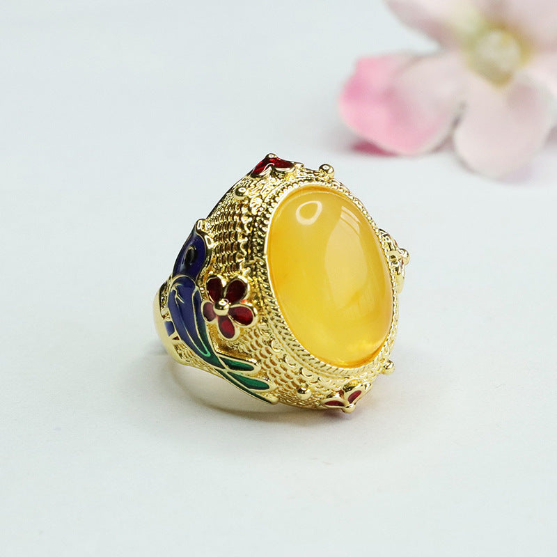 Vintage Wide Retro Amber Beeswax Sterling Silver Pigeon Egg Flower Bird Ring