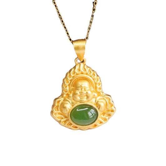 S925 Sterling Silver Hetian Jade Oval Jasper Buddha Necklace Jewelry