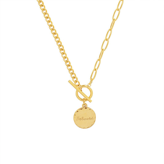 French Round OT Button Double Spell Pendant Necklace - Titanium Plated 18K Gold Jewelry Women