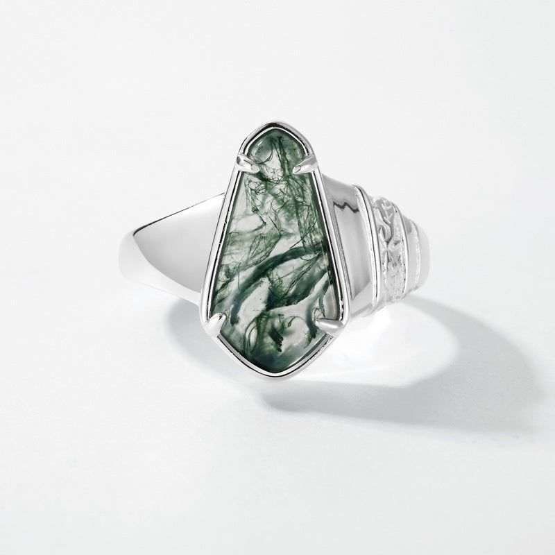 Planderful Everyday Genie Ring – Elegant Geometric Green Moss Silver Agate Design