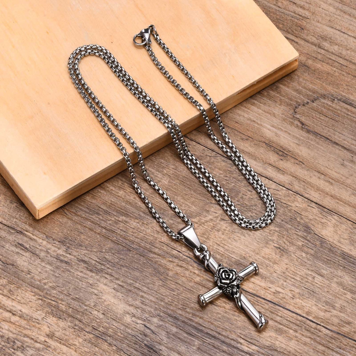 Titanium Steel Necklace Stainless Steel Rose Cross Pendant