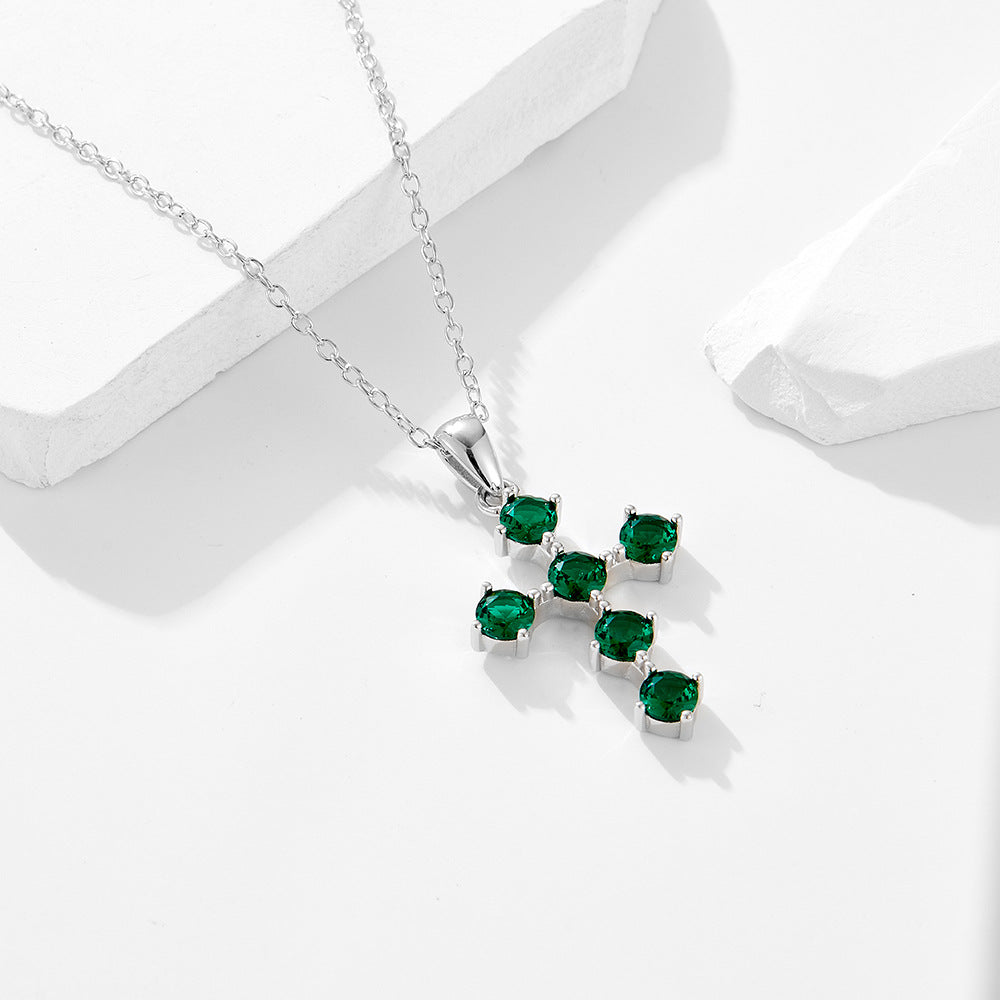 Style Retro Emerald Zircon Cross Pendant Necklace 925 Sterling Silver