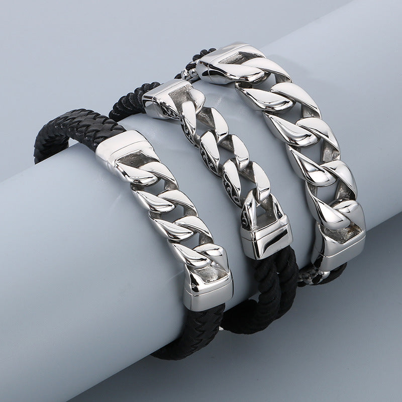Vintage Chic Magnetic Clasp Leather Bracelet with Custom Titanium Steel Cuban Link and Genuine Cowhide for Men