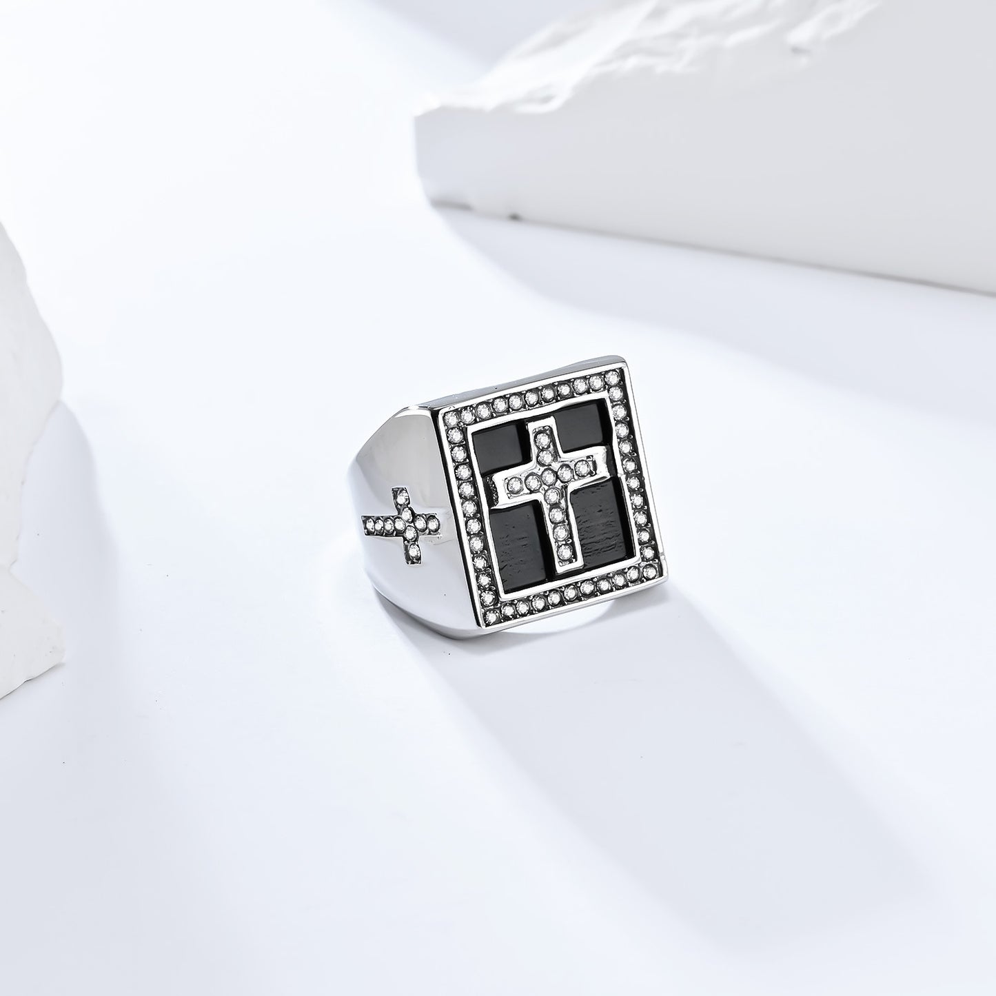 Planderful Hip Hop Ring For Men Zircon Cross Square Seal Plated Titanium Steel Bold Statement