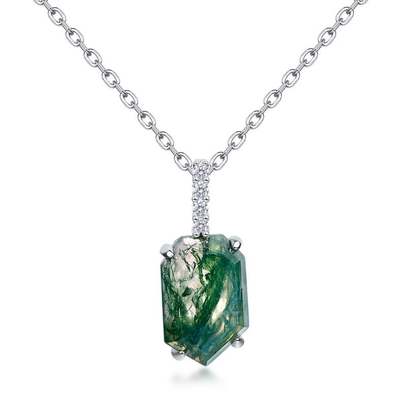 S925 Sterling Silver Moss Agate Geometric Pendant Necklace