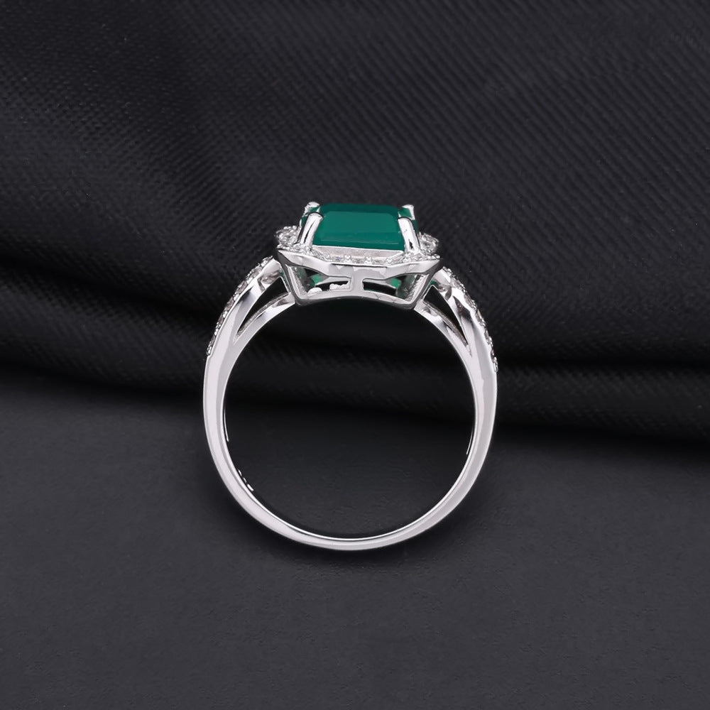 Retro Soleste Halo Square Natural Green Agate Silver Ring