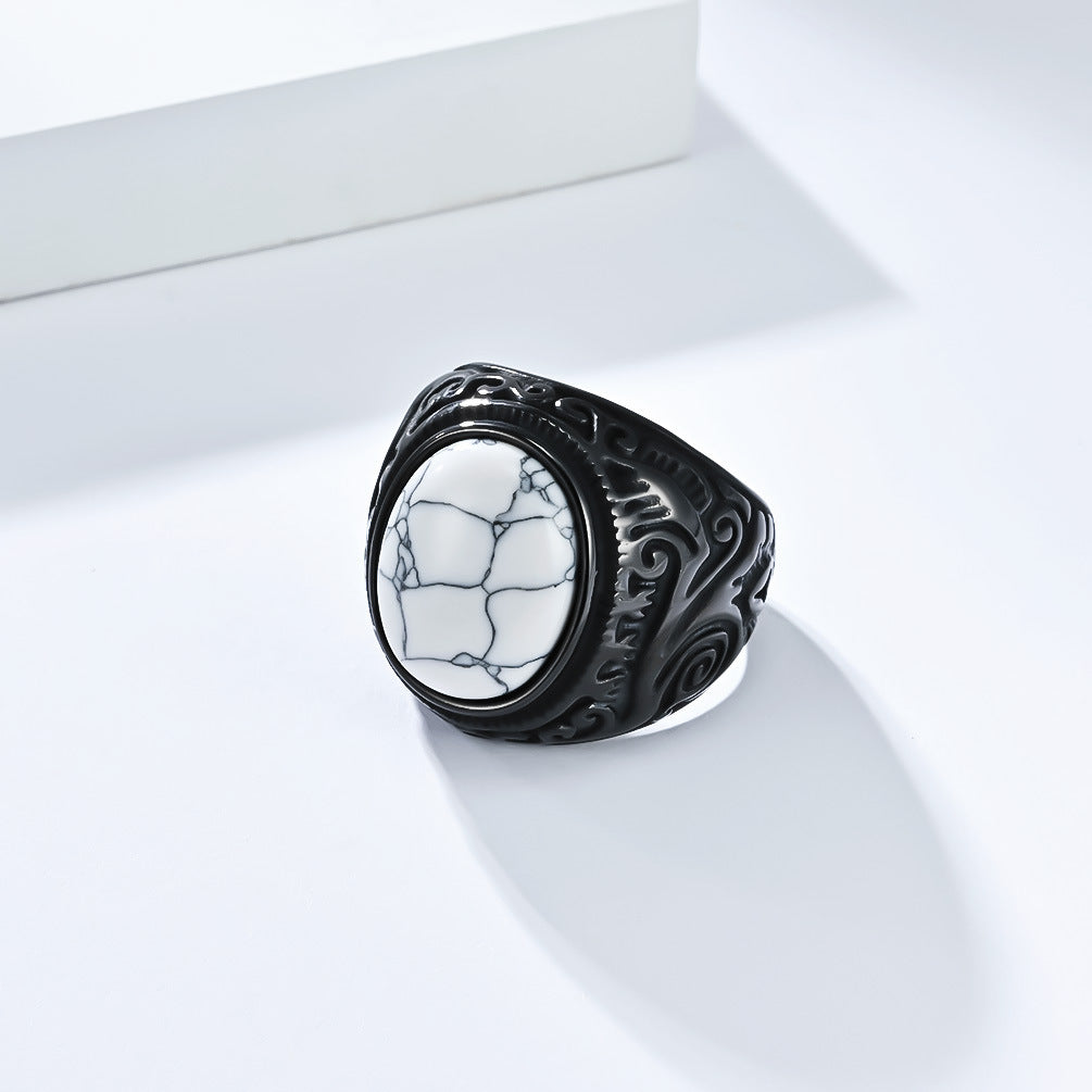 Planderful Mens Titanium Steel Ring With Tiger Eye Gem Retro Engraved Bold Statement Jewelry