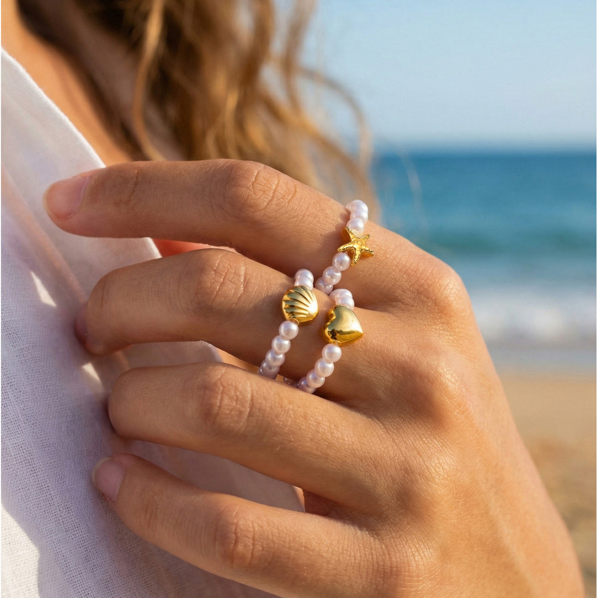 Stainless Steel Starfish Shell Imitation Pearl Summer Seaside Vacation Wind Ring