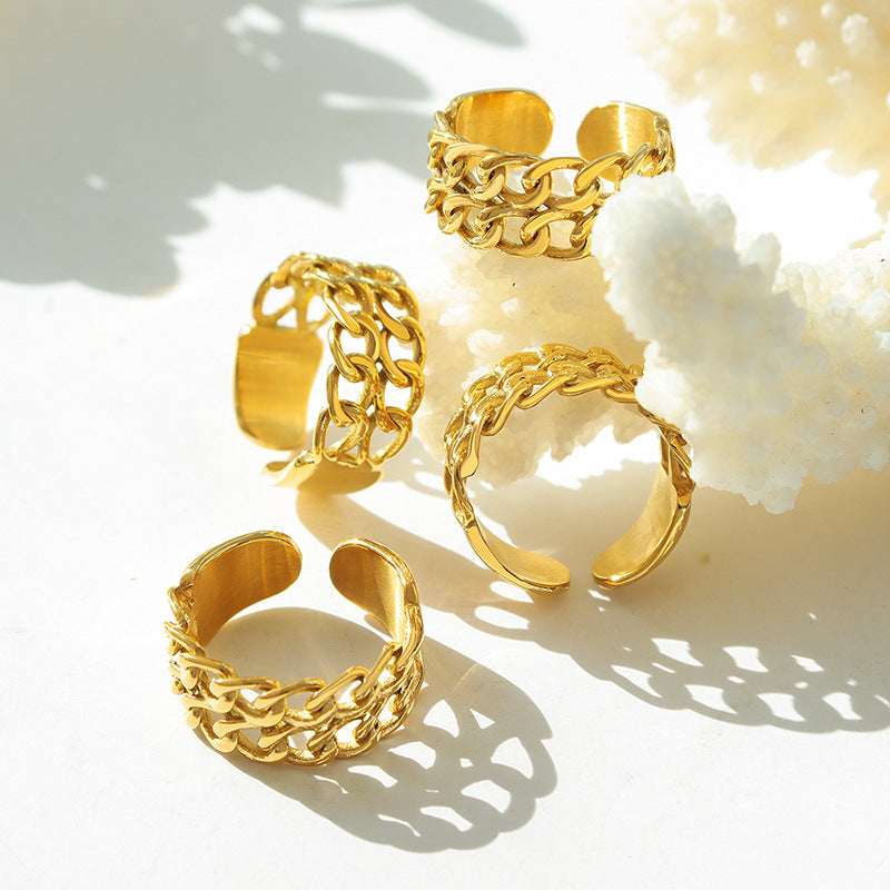 Adjustable Titanium Steel Double-Layer Chain Ring with 18k Gold Plating
