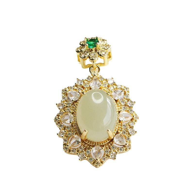 Hetian Jade Zircon Flower Pendant Jewelry Oval Pendant
