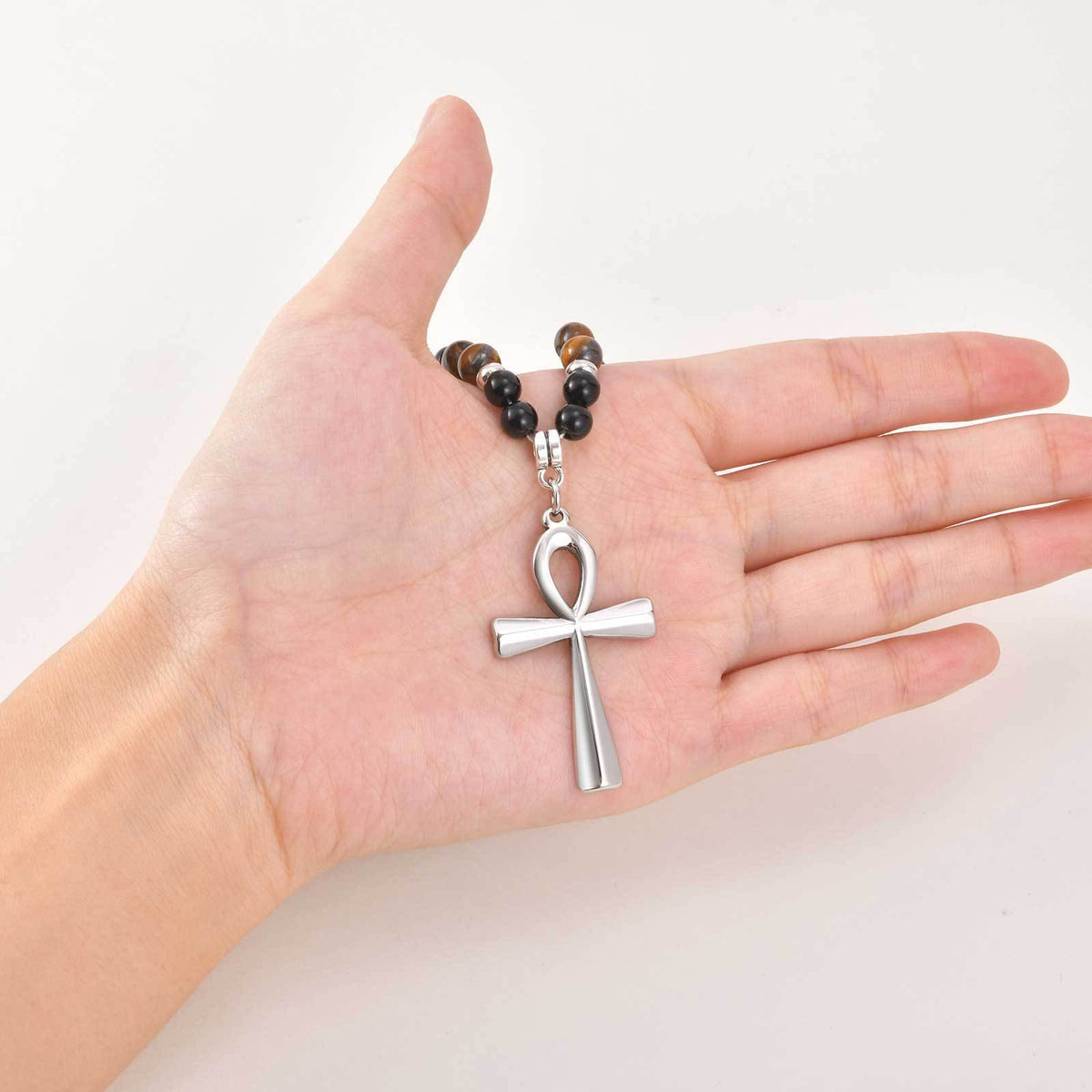 Stainless Steel Anka Cross Black Acrylic Round Beads Natural Tiger's Eye Beaded Necklace