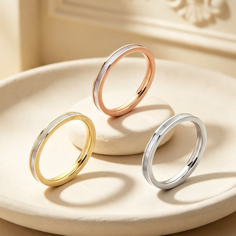 French Stacked Shell Plain Ring 2mm Embedded Fritillary Stainless Steel Women's