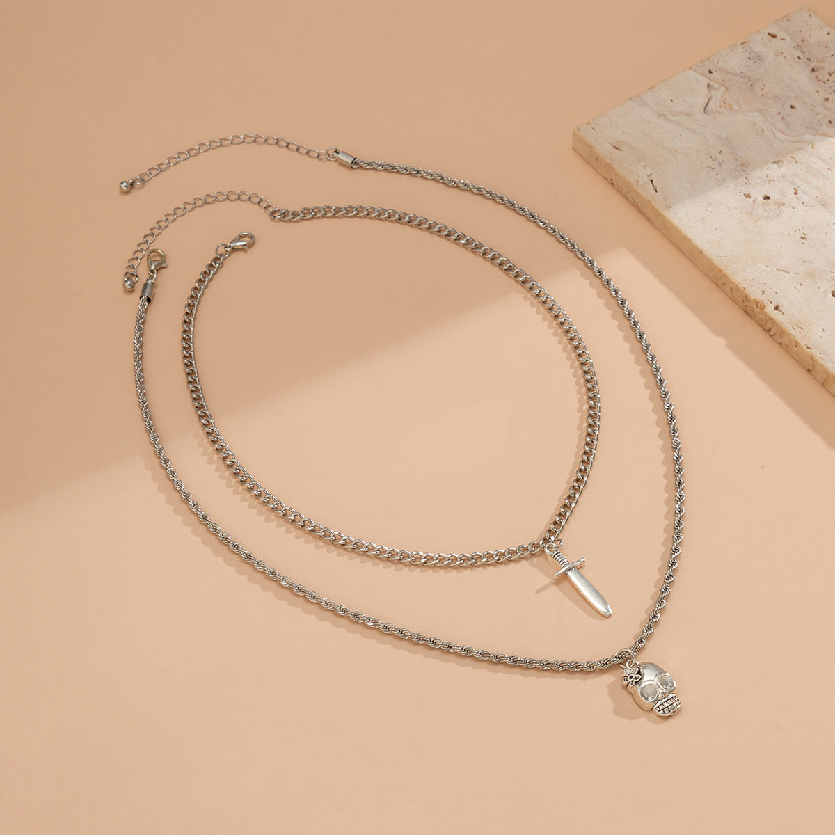 Planderful Dagger Skull Double Necklace Vienna Verve Metal Jewelry For Women Bold Geometric Statement