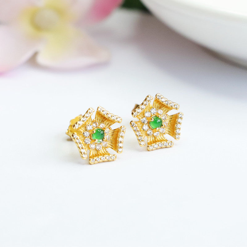Icy Green Jadeite Five-Petal Flower Stud Earrings