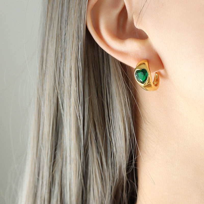 Green and White Glass Stone Love Earrings with 18k Gold Plating